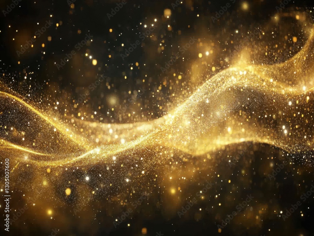 Poster shimmering golden particle wave flowing elegantly across a dark backdrop creating a luxurious and fe