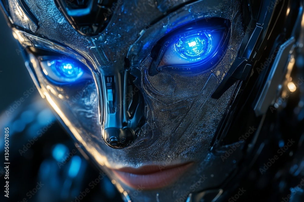 Poster Advanced robotic figure with glowing blue eyes in a futuristic setting depicting artificial intelligence exploration