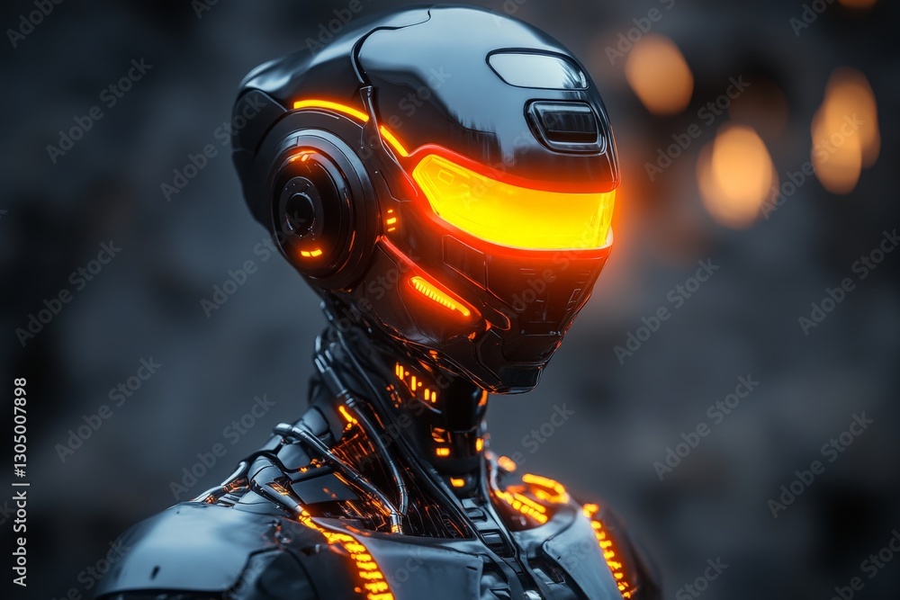 Aufkleber futuristic robot with glowing features stands against a dark industrial backdrop during twilight