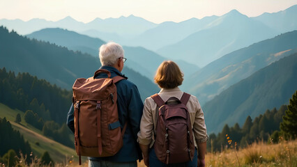 Obraz premium Senior couple with backpacks in the mountains