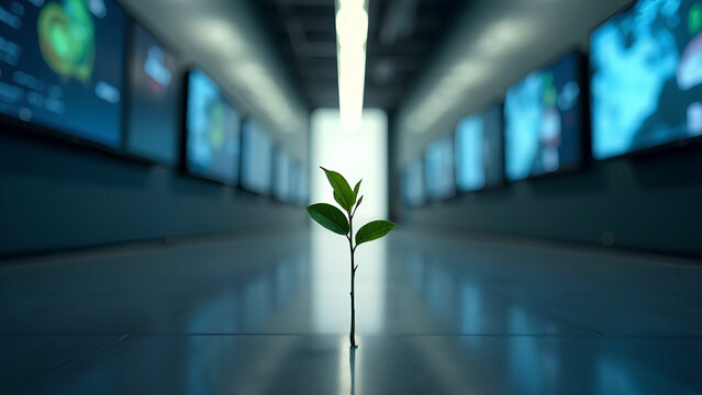 A small green plant has broken through the floor against the backdrop of a long digital corridor