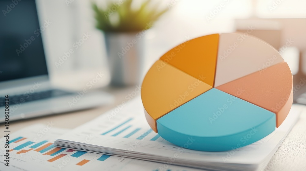 Aufkleber a colorful pie chart sits atop printed data sheets, illustrating statistics in a modern workspace wi
