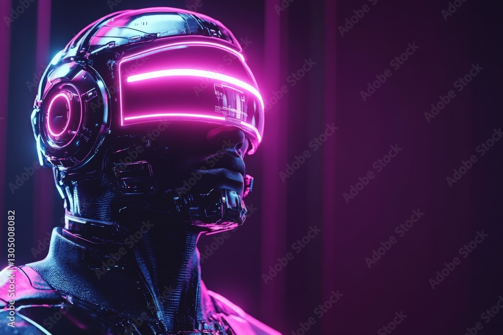 Poster futuristic robot with glowing visor in a neon-lit environment showcasing advanced technology