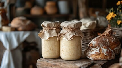 Two Glass Jars of Homemade Mustard with Burlap Covers and Rustic Bread on a Wooden Table in a Cozy Kitchen
