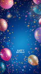 Fototapeta premium Happy Birthday Party Blue Background with Colorful Decorations Balloons and Confetti. Greeting Card
