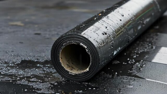 Waterproof roll of roofing material on wet surface during construction work