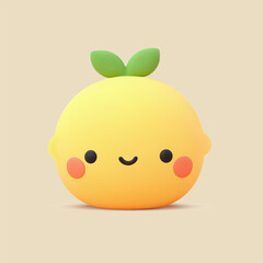 A cute yellow lemon with green leaves and a smiling face on beige background