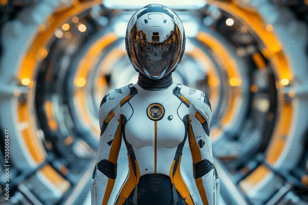 Leinwandbilder Futuristic robot stands in a high-tech corridor with glowing patterns and intricate designs