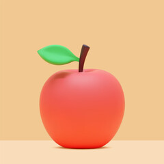 Minimalist red apple with green leaf and brown stem on beige surface and orange background