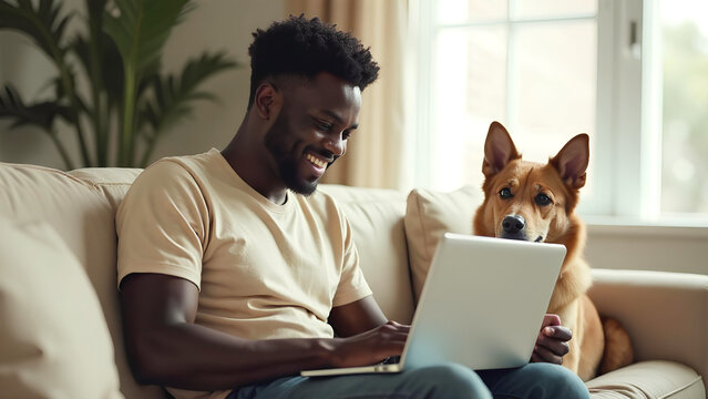 dark-skinned man on the couch with a laptop and a dog