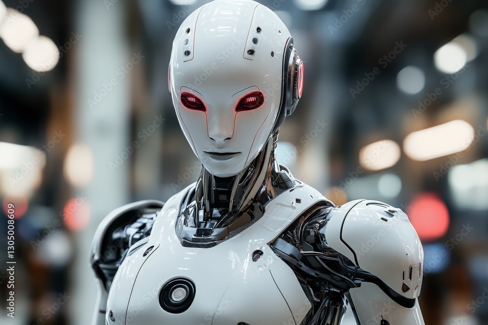 Poster robot with glowing red eyes stands in a futuristic environment showcasing advanced technology in mod