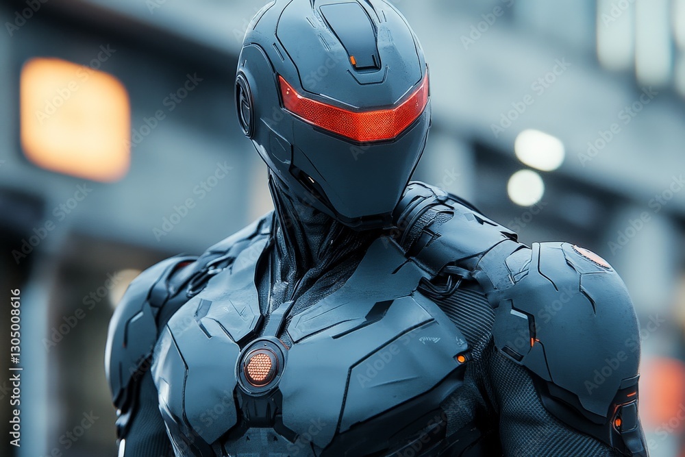 Aufkleber Futuristic robot in a city setting showcases advanced technology and design elements during evening hours