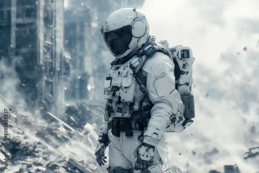 Poster Astronaut exploring a desolate alien landscape filled with debris during a distant planetary mission