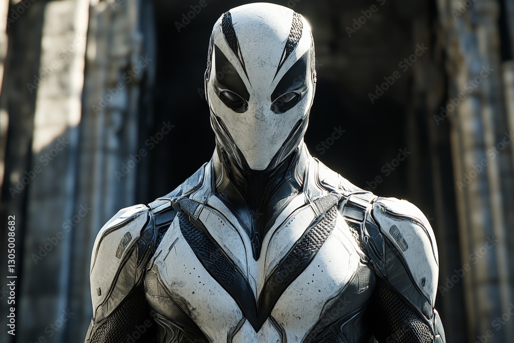 Poster futuristic hero stands tall in a dynamic urban setting during golden hour