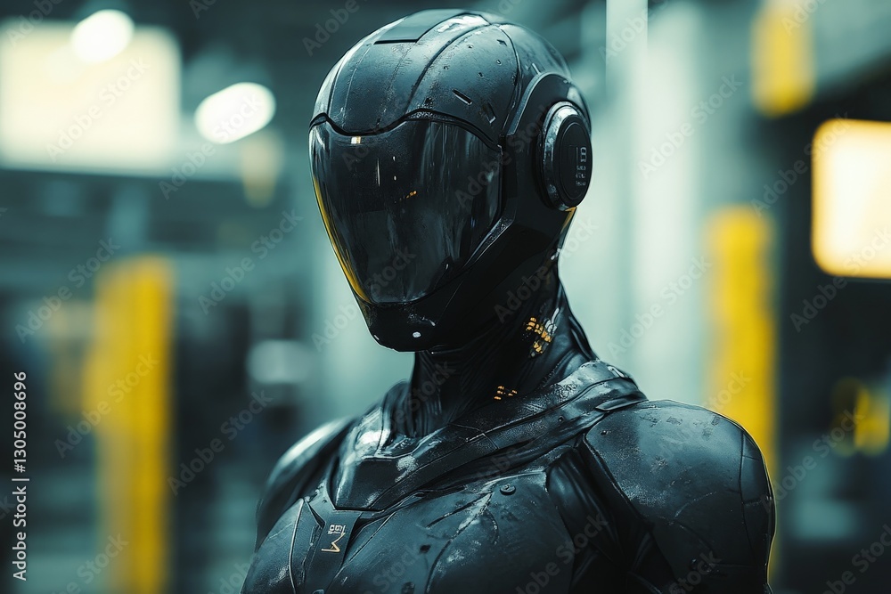 Aufkleber futuristic humanoid robot in a high-tech industrial environment during a rainy atmosphere