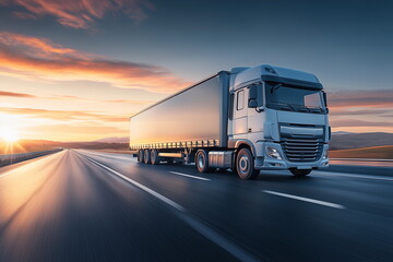 A cargo truck driving on a long highway at sunset, symbolizing logistics and land transportation. The scene conveys efficiency, and the dynamic movement of freight delivery. Industry business purpose.