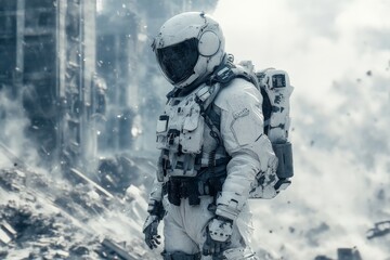 Fototapeta premium Astronaut exploring a desolate alien landscape filled with debris during a distant planetary mission