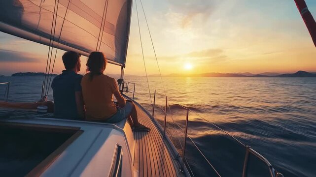 Couple enjoys sunset sailing on calm waters with beautiful horizon in scenic location