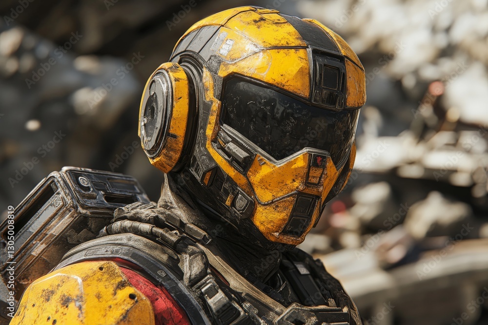 Poster Robot with a yellow and black helmet explores a futuristic landscape filled with debris in a science fiction setting