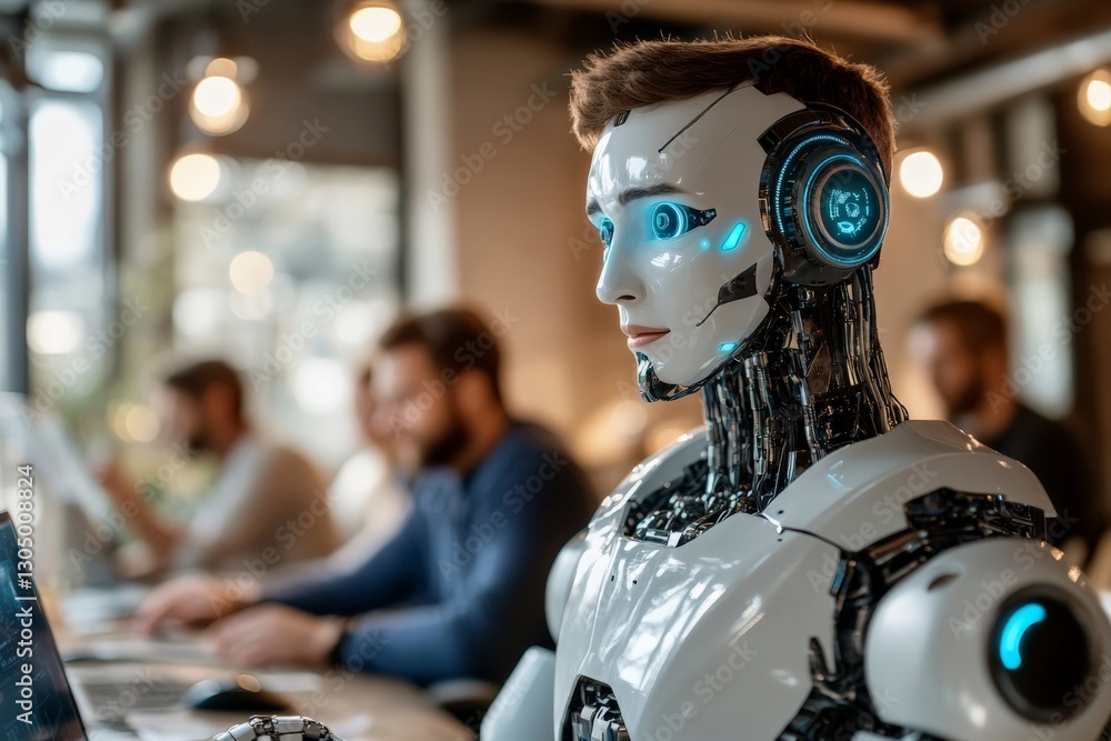 Poster modern humanoid robot engaged in work at a tech office with coworkers using laptops in the backgroun