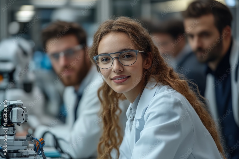 Fototapete young female scientist smiling at camera while working in advanced robotics lab with colleagues in t