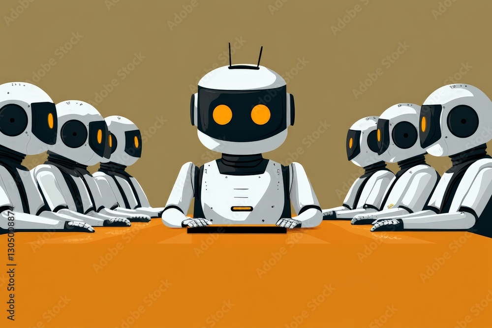 Poster group of robots in a meeting discussing artificial intelligence strategies