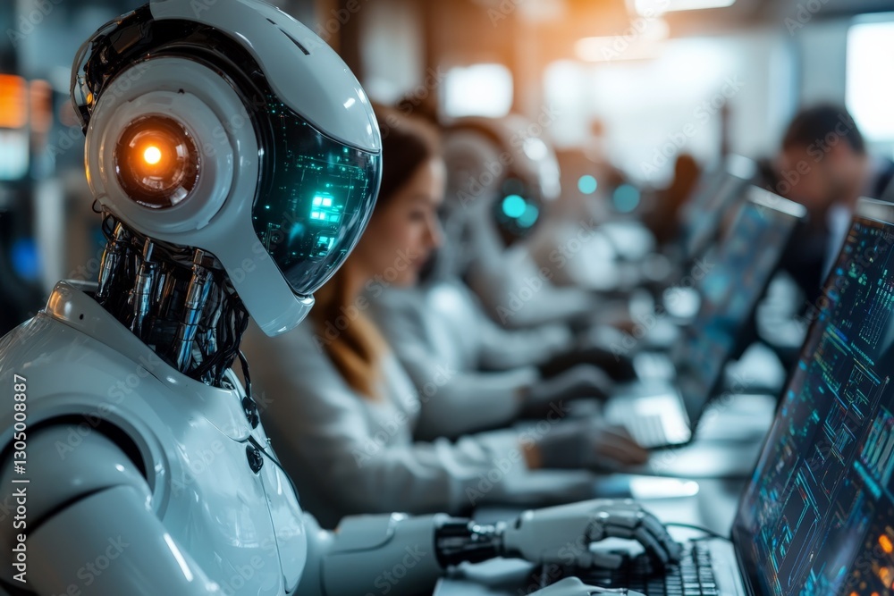 Poster robots collaborating in a high-tech workspace with humans during a busy workday