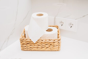 Toilet paper rolls on display in a cozy and organized bathroom