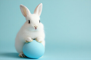 Obraz premium a cute white baby bunny sitting on a blue easter egg,