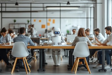 Robot assists in collaborative workspace during team meeting in modern office environment