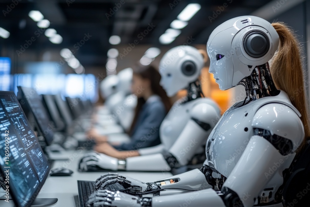 Aufkleber Robots engaged in computer programming at a futuristic workspace in a modern tech facility