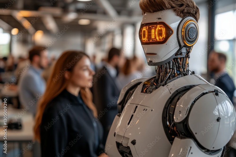 Poster robot and human interaction at a technology conference in a modern venue during the afternoon