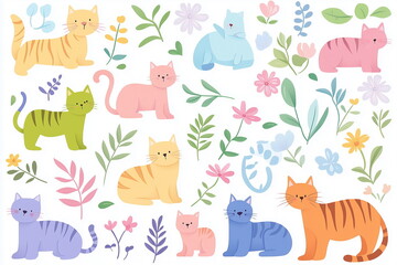 Obraz premium A charming set of cute cats in various poses, surrounded by plants and flowers. The illustration in pastel colors on a white background is perfect for children's books, prints, and designs.