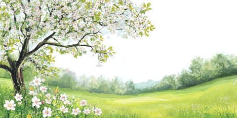 Fototapeta premium Spring tree on landscape with flower in park, green grass meadow Nature Farm lawn field blooming on white background
