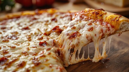 Delicious Cheese Pizza with Stretchy Melted Cheese on Wooden Board