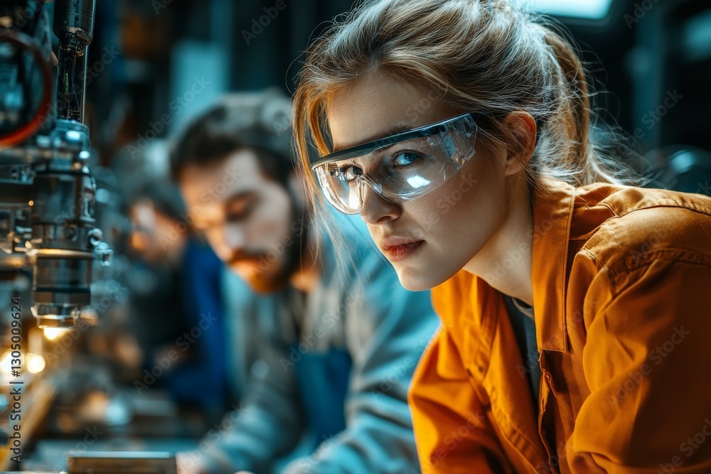 Aufkleber young engineer wearing safety goggles focuses on machinery in a modern workshop during technical pro