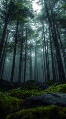 Obraz premium a dark forest with tall trees and mossy rocks,