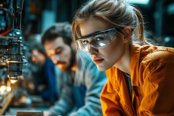 Young engineer wearing safety goggles focuses on machinery in a modern workshop during technical project