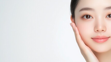 Naklejka premium Portrait of Asian woman with a warm smile, and natural makeup, against a plane background. The minimal composition creates a fresh, modern, and professional aesthetic, perfect for business.