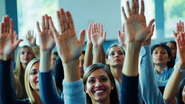 Enthusiastic Audience: A large group of people enthusiastically raising their hands, their faces filled with excitement and anticipation. Capturing the energy of a crowd eager to participate.