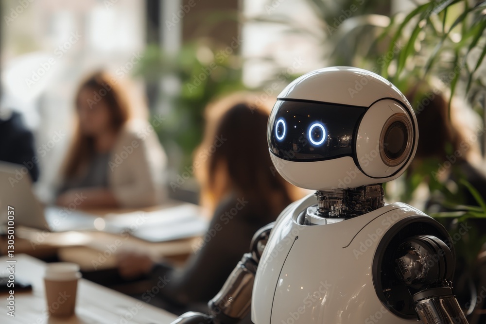 Poster robot assists humans in a modern office setting during the daytime