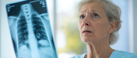middle aged woman with worried expression examines X ray image, possibly in medical setting