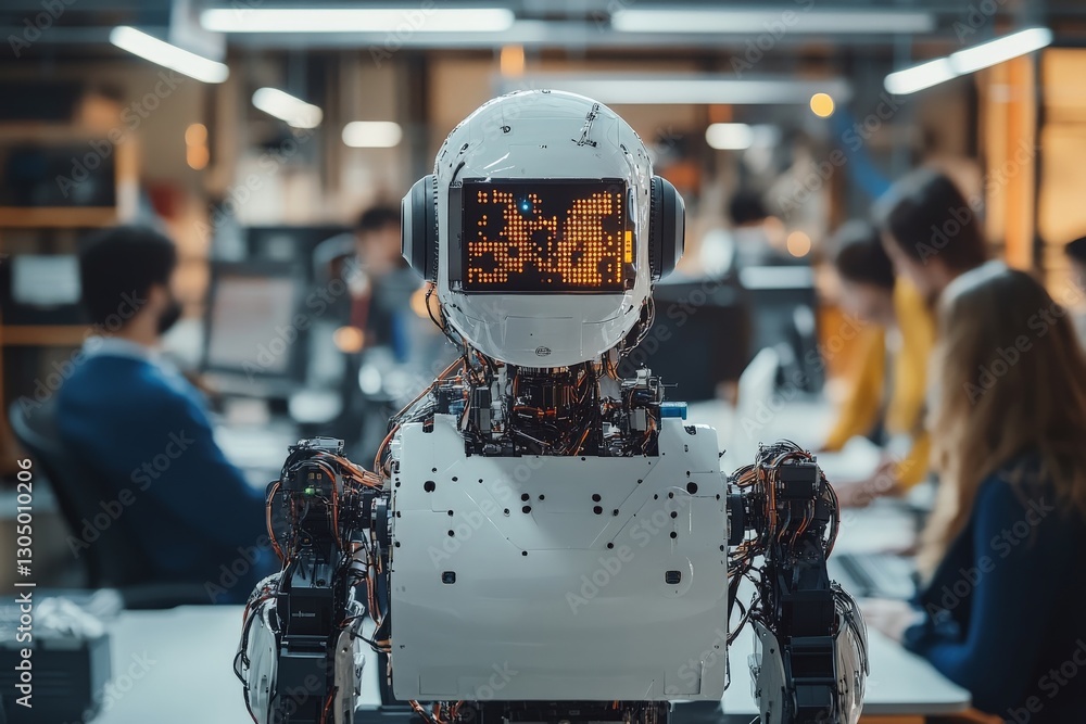 Aufkleber robotic assistant interacts with team in modern office environment during busy workday