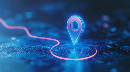 glowing blue GPS location icon stands out on futuristic digital map, symbolizing navigation and technology. neon light effect adds modern touch to high tech theme