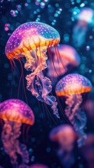 Obraz premium Colorful jellyfish with glowing tentacles, suitable for a mobile wallpaper.