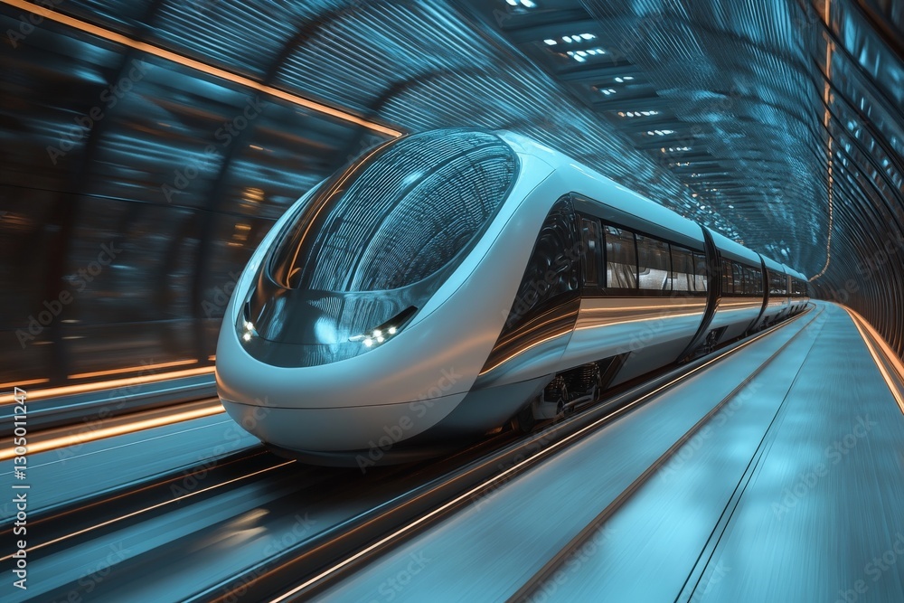 Poster high-speed train traveling through a futuristic tunnel with illuminated details