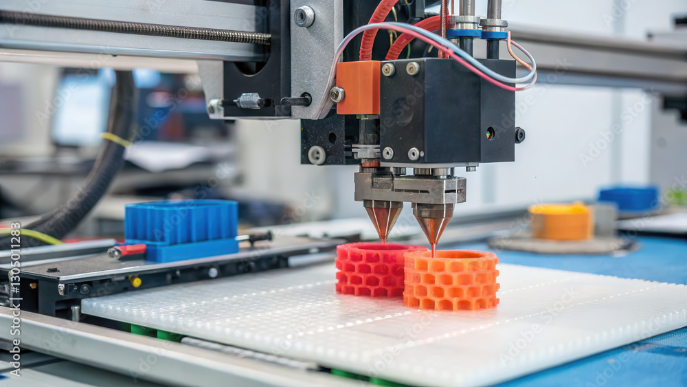 Poster close up of 3d printer creating colorful plastic objects, showcasing intricate details and technolog