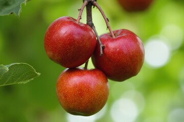 Obraz premium Three Red Apples Hanging From a Tree Branch With Green Leaves in the Background - Generative AI