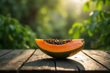 A Half of a Papaya Sitting on Top of a Wooden Table - Generative AI