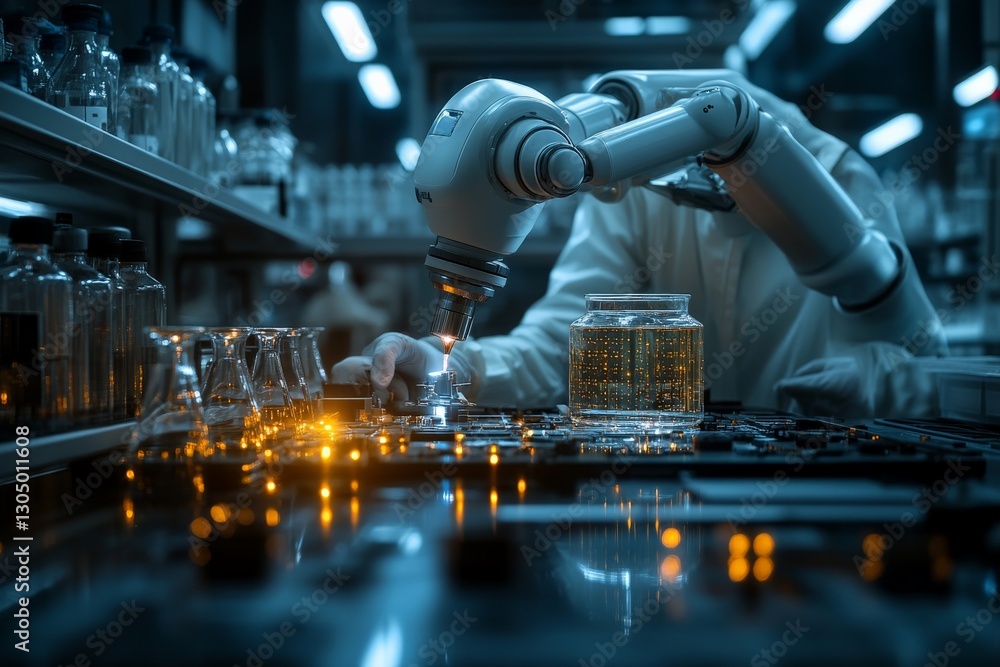 Poster Robotic arm conducting analysis in a high-tech laboratory filled with glassware and samples